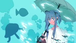 Rule 34 | 1girl, anima lyon, blue background, blue eyes, blue hair, brown jacket, closed mouth, double bun, earbuds, earphones, expressionless, fish, hair bun, hair ornament, hairclip, highres, holding, holding umbrella, indie virtual youtuber, jacket, jacket partially removed, jellyfish, long hair, looking at viewer, sadamoto hokuto, shirt, sidelocks, silhouette, solo, umbrella, umbrella over shoulder, upper body, virtual youtuber, white shirt