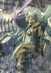 Rule 34 | 1boy, artist name, brown hoodie, brown pants, commentary request, constricted pupils, creatures (company), eyewear on head, game freak, gen 7 pokemon, golisopod, guzma (pokemon), hands in pockets, highres, hood, hoodie, jewelry, necklace, nintendo, open mouth, pants, pokemon, pokemon (creature), pokemon sm, rain, shirt, sunglasses, tattoo, team skull, teeth, tongue, water, wet, white hair, white shirt, yamanashi taiki