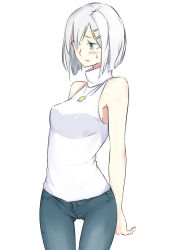 Rule 34 | 10s, 1girl, bad id, bad pixiv id, bare back, blue eyes, blush, breasts, casual, denim, hair ornament, hair over one eye, hairclip, hamakaze (kancolle), honno shiori, jeans, jewelry, kantai collection, medium breasts, necklace, pants, pendant, short hair, silver hair, sleeveless, sleeveless turtleneck, solo, thigh gap, turtleneck