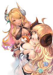 Rule 34 | 2girls, absurdres, ahoge, anila (granblue fantasy), anila (summer) (granblue fantasy), bikini, blonde hair, blush, breasts, butt crack, cleavage, commentary request, cowboy shot, dark-skinned female, dark skin, draph, eyebrows hidden by hair, from above, gradient hair, granblue fantasy, highres, horn ornament, horn ribbon, horns, kumbhira (granblue fantasy), kumbhira (summer) (granblue fantasy), large breasts, layered bikini, long hair, looking at viewer, mayusaki yuu, multicolored hair, multiple girls, open mouth, owlcat, pointy ears, post guild war celebration, ribbon, sheep horns, short eyebrows, standing, swept bangs, swimsuit, thick eyebrows, wavy hair, white background, yellow eyes