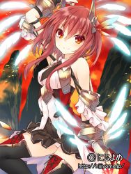 Rule 34 | 1girl, black skirt, black thighhighs, brown eyes, eyebrows, feathers, hair ornament, long hair, looking at viewer, original, panties, pleated skirt, red hair, saeki touma, skirt, smile, solo, thighhighs, underwear, valhalla valkyries, white feathers, white panties
