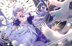 Rule 34 | 1girl, allenerie, artist name, bare shoulders, blue eyes, breasts, collarbone, commentary, cowboy shot, detached collar, detached sleeves, dress, dutch angle, gloves, halo, head wings, highres, holding, holding staff, honkai: star rail, honkai (series), large breasts, long dress, long hair, looking at viewer, open hand, outstretched arms, purple dress, purple sleeves, robin (honkai: star rail), short sleeves, solo, staff, strapless, strapless dress, treble clef, white dress, white gloves, white hair, wings