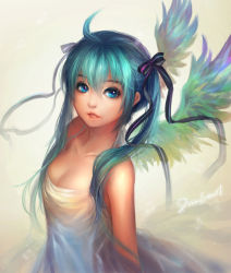 Rule 34 | 1girl, ahoge, aqua hair, artist name, bare shoulders, blue eyes, breasts, cleavage, collarbone, dansearl, dress, feathered wings, hair ribbon, hatsune miku, highres, long hair, musical note, open mouth, realistic, ribbon, signature, small breasts, solo, twintails, vocaloid, wings