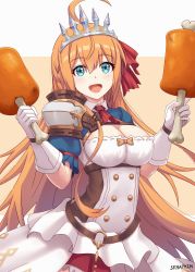 Rule 34 | 1girl, :d, ahoge, artist name, beige background, belt, blue eyes, blush, boned meat, bow, braid, breasts, brown belt, buttons, cleavage, commentary request, double-breasted, dress bow, food, gloves, hair between eyes, hair ornament, hair ribbon, hands up, highres, holding, holding food, large breasts, long hair, looking at viewer, meat, o-ring, open mouth, orange hair, pecorine (princess connect!), princess connect!, red neckwear, red ribbon, ribbon, seraphim throne, short sleeves, smile, solo, tiara, two-tone background, very long hair, white background
