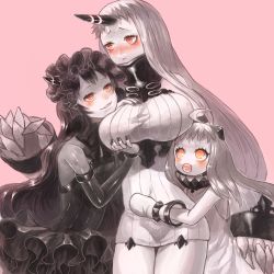Rule 34 | 10s, 3girls, :d, abyssal ship, ahoge, black dress, black hair, blush, bonnet, breasts, claws, colored skin, detached sleeves, dress, frilled dress, frills, gothic lolita, hairband, highres, horns, hug, huge breasts, isolated island oni, kantai collection, lolita fashion, lolita hairband, long hair, mittens, miyo (ymio), multiple girls, northern ocean princess, open mouth, orange eyes, seaport princess, silver hair, single horn, smile, white dress, white skin