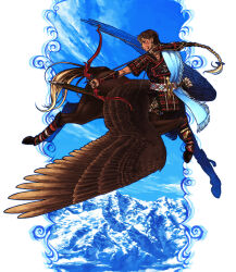 Rule 34 | 1boy, ankle cuffs, arm guards, armor, arrow (symbol), asymmetrical wings, bandaged fingers, bandages, blonde hair, blue sky, blue wings, bow (weapon), braid, braided ponytail, brown hair, brown wings, centaur, dagger, drawing bow, earrings, facepaint, facial mark, feathered wings, floating hair, full body, hand up, highres, holding, holding bow (weapon), holding weapon, japanese armor, japanese clothes, jewelry, jumping, knife, long hair, looking back, male focus, mismatched wings, mountain, multicolored tail, outside border, outstretched arm, pixiv genealogy of life, pointy ears, profile, quiver, sash, short sleeves, single braid, sky, snow, solo, tail, tassel, taur, very long hair, watari taichi, weapon, wings