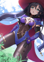 Rule 34 | 1girl, :o, black choker, black gloves, black hair, blue leotard, blue sky, bodystocking, breasts, brooch, brown pantyhose, cape, choker, cloud, commentary, day, detached sleeves, elbow gloves, fur collar, genshin impact, gloves, gluteal fold, gold trim, grass, green eyes, hat, highres, jewelry, kneeling, kuro (be ok), leotard, long hair, medium breasts, mona (genshin impact), open mouth, outdoors, pantyhose, sidelocks, sky, solo, sparkle print, thighlet, thighs, twintails, very long hair, witch hat