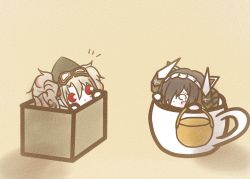 Rule 34 | 2girls, august von parseval (azur lane), azur lane, basket, black hair, box, chibi, cup, curled horns, goggles, goggles on headwear, grey hair, hair between eyes, hair over one eye, holding, holding basket, horns, in box, in container, in cup, koti, maid headdress, mechanical horns, multicolored hair, multiple girls, prinz adalbert (azur lane), red eyes, red hair, simple background, streaked hair, tearing up, twintails, two-tone hair, yellow background