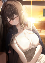 Rule 34 | 1boy, 1girl, black jacket, blush, breasts, brown hair, buttons, cleavage, closed eyes, collarbone, collared jacket, dress, grey hair, hair between eyes, highres, interior, jacket, large breasts, long hair, open clothes, open jacket, original, piyopoyo, sleeping, sleeping on person, sunset, white dress