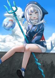Rule 34 | 1girl, 6mint, :d, absurdres, animal hood, between legs, bloop (gawr gura), blue hair, blue sky, blush, bubble, cloud, cloudy sky, day, fins, fish tail, gawr gura, highres, hololive, hololive english, hood, long sleeves, looking at viewer, multicolored hair, open mouth, outdoors, polearm, shark hood, shark tail, sharp teeth, sitting, sky, smile, tail, teeth, trident, two-tone hair, virtual youtuber, weapon, white hair