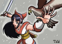 Rule 34 | 1girl, ainu clothes, artist name, black eyes, breasts, clenched hand, fighting stance, fingerless gloves, gloves, hair ribbon, highres, long hair, looking at viewer, mamahaha, nakoruru, open mouth, purple hair, ribbon, samurai spirits, small breasts, snk, solo, the king of fighters, weapon