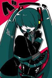 Rule 34 | 1girl, aqua hair, aqua necktie, aqua tongue, black bodysuit, black skirt, black sleeves, bodysuit, bodysuit under clothes, collared shirt, colored tongue, covered eyes, cowboy shot, detached sleeves, grey shirt, hair ornament, hair over eyes, hand up, hatsune miku, headphones, highres, kyomu 305, long bangs, long hair, long sleeves, mekakure miku (homma nuruneko), miniskirt, necktie, open mouth, pale skin, red background, sharp teeth, shirt, skirt, sleeveless, sleeveless shirt, sleeves past fingers, sleeves past wrists, solo, standing, teeth, tongue, tongue out, twintails, two-tone background, very long hair, vocaloid, white background, wide sleeves