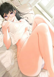Rule 34 | 1girl, ass, bare arms, bed, black hair, blanket, breasts, closed mouth, curtains, day, dutch angle, fed (giba), glasses, highres, knees up, long hair, looking at viewer, lying, medium breasts, on back, on bed, original, panties, purple eyes, sidelocks, solo, sunlight, thighs, topless, underwear, white panties, window