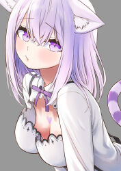 Rule 34 | 1girl, animal ears, breasts, cat ears, cat girl, cat tail, cleavage, commentary request, downblouse, heart, highres, hololive, medium breasts, nekomata, nekomata okayu, nekomata okayu (wonderland), oversized breast cup, pout, purple eyes, purple hair, sabaku chitai, solo, striped tail, tail, upper body, virtual youtuber