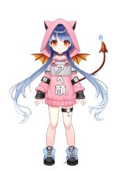 Rule 34 | 1girl, absurdres, akih.hika, animal ear hood, animal hood, bare legs, bat wings, blue hair, blush, boots, closed mouth, demon girl, demon tail, fake animal ears, flat chest, full body, hair ornament, hairclip, highres, hood, indie virtual youtuber, long hair, looking at viewer, pink shirt, red eyes, second-party source, shirt, shoes, simple background, sleeves past wrists, smile, solo, standing, tail, thigh strap, twintails, very long hair, virtual youtuber, vivi chan the dragon, white background, wings, x hair ornament