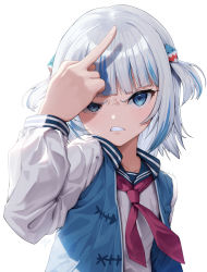Rule 34 | 1girl, absurdres, arm up, black jacket, blue eyes, blue hair, blunt bangs, clenched teeth, gawr gura, hair ornament, highres, hololive, hololive english, jacket, long sleeves, looking at viewer, middle finger, multicolored hair, neckerchief, open clothes, open jacket, red neckerchief, shark hair ornament, shirt, silver hair, simple background, sleeveless, sleeveless jacket, solo, streaked hair, taiga (ryukyu-6102-8), teeth, two side up, upper body, virtual youtuber, white background, white shirt