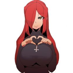 Rule 34 | 1girl, breasts, cross, hair over one eye, heart, heart hands, higa norio, inverted cross, large breasts, long hair, looking at viewer, parasoul (skullgirls), red hair, simple background, skullgirls, solo, white background