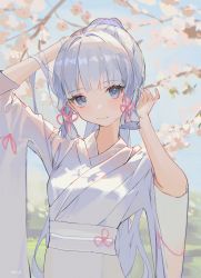 Rule 34 | 1girl, absurdres, alternate costume, ayaka (genshin impact), blue eyes, blue hair, blue sky, blush, cherry blossoms, closed mouth, commentary request, day, genshin impact, hands up, highres, japanese clothes, kimono, long hair, looking at viewer, outdoors, ponytail, sky, smile, solo, upper body, very long hair, white kimono, wide sleeves, yutou (yutou75)