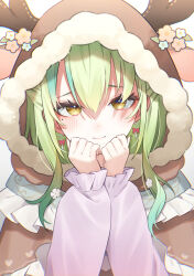 Rule 34 | 1girl, absurdres, animal ears, animal hood, aotake iro, blush, bow, bow earrings, brown capelet, capelet, ceres fauna, ceres fauna (jirai kei), clenched hand, commentary, deer hood, earrings, fake animal ears, fake horns, flower, frills, fur-trimmed capelet, fur-trimmed hood, fur trim, green hair, hair flower, hair ornament, highres, hololive, hololive english, hood, hood up, hooded capelet, horned hood, horns, jewelry, long hair, long sleeves, looking at viewer, mole, mole under eye, multicolored hair, official alternate costume, pink shirt, shirt, smile, solo, streaked hair, symbol-only commentary, virtual youtuber, white background, yellow eyes