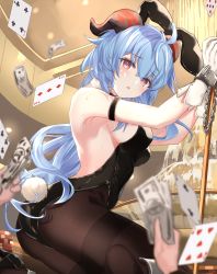 Rule 34 | 1girl, alternate costume, animal ears, arm strap, armpits, backless leotard, banknote, bare arms, bare shoulders, black leotard, blue hair, blush, bound, bound wrists, breasts, brown pantyhose, card, casino, chain, crossed bangs, fake animal ears, fake tail, fountain, from side, ganyu (genshin impact), genshin impact, gloves, goat horns, highleg, highleg leotard, highres, holding, holding money, horns, indoors, large breasts, leotard, long hair, money, paid reward available, pantyhose, parted lips, playboy bunny, playing card, poker chip, rabbit ears, rabbit tail, raised eyebrows, restrained, solo focus, strapless, strapless leotard, sweat, tail, thighband pantyhose, vayneeeee, white gloves