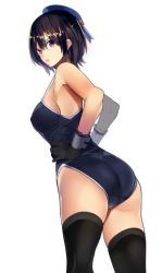 Rule 34 | 10s, 1girl, ass, bad id, bad twitter id, beret, black gloves, black hair, black thighhighs, blue one-piece swimsuit, breasts, cafe au lait (kafeore), competition school swimsuit, covered erect nipples, gloves, hat, kantai collection, looking back, one-piece swimsuit, open mouth, red eyes, school swimsuit, short hair, simple background, solo, swimsuit, takao (kancolle), thighhighs, white background, wrist cuffs