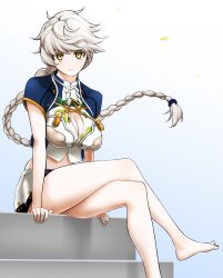 Rule 34 | 10s, 1girl, arm support, bare legs, barefoot, braid, cleavage cutout, clothing cutout, cloud print, colored eyelashes, floating hair, highres, jitome, kantai collection, crossed legs, light smile, long hair, looking at viewer, mattari yufi, midriff, miniskirt, pleated skirt, short sleeves, single braid, sitting, skirt, solo, thighs, unryuu (kancolle), very long hair, wavy hair, white hair, yellow eyes