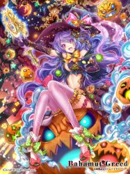 Rule 34 | 1girl, bahamut greed, center opening, crotalaria, frilled thighhighs, frills, halloween, hat, high heels, jack-o&#039;-lantern, long hair, official art, original, purple eyes, purple hair, purple thighhighs, solo, thighhighs, witch, witch hat