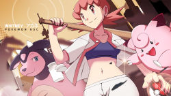 Rule 34 | 1girl, baseball bat, bottle, character name, city, cityscape, claws, clefairy, collarbone, copyright name, creatures (company), from below, game freak, gen 1 pokemon, gen 2 pokemon, gym leader, highres, holding, holding baseball bat, horns, midriff, milk, miltank, navel, nintendo, open clothes, open mouth, open shirt, pants, poke ball, poke ball (basic), pokemon, pokemon (creature), pokemon gsc, radio antenna, red eyes, red hair, short hair, short sleeves, short twintails, skyline, smile, sports bra, standing, tooth, twintails, udder, vivivoovoo, whitney (pokemon)