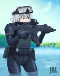 Rule 34 | 1girl, artist name, black gloves, black wetsuit, blue eyes, blue sky, bodysuit, cz scorpion evo 3, diving suit, edzactly, gloves, goggles, goggles on head, gun, highres, in water, original, outdoors, reflex sight, scenery, short hair, sky, solo, submachine gun, trigger discipline, wading, water, weapon, wetsuit, white hair