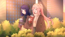 Rule 34 | 1girl, 2girls, alternate costume, alternate hairstyle, animal ears, blush, braid, braided ponytail, breasts, casual, closed eyes, contemporary, couple, cup, drink, drinking straw, fox, fox ears, frappuccino, genshin impact, hat, highres, holding, holding cup, jacket, long hair, long sleeves, mikumoreau, mole, mole under eye, multiple girls, open mouth, purple hair, raiden shogun, scarf, shirt, smile, walking, yae miko, yuri
