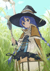 Rule 34 | 1girl, black ribbon, black skirt, blue eyes, blue hair, blue sky, braid, brown cloak, capelet, cloak, closed mouth, cloud, dot mouth, dress, flat chest, grass, grey dress, hair between eyes, hair ribbon, hat, head tilt, highres, holding, holding staff, holding suitcase, jacket, mage staff, mushoku tensei, perorin, ribbon, roxy migurdia, skirt, sky, solo, staff, suitcase, sunlight, twin braids, two-tone dress, wheat field, white capelet, white jacket, witch hat