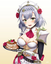 Rule 34 | 1girl, absurdres, apron, armor, armored dress, artist name, barettoarts, belt, blush, boobplate, bow, braid, braided bangs, breastplate, combat maid, corset, crown braid, dress, flower, food, gauntlets, genshin impact, gradient background, green eyes, hair between eyes, hair flower, hair ornament, hat, highres, holding, holding food, layered dress, lighter-than-air pancake (genshin impact), long sleeves, maid, maid apron, maid headdress, noelle (genshin impact), open mouth, pancake, plate, red ribbon, ribbon, rose, short hair, shoulder armor, silver hair, simple background, smile, solo, standing