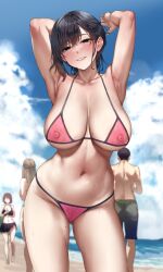 1boy 3girls armpits arms_up bikini black_eyes black_hair blush bodypaint breasts exhibitionism faceless faceless_female female_pubic_hair highres jack_dempa large_breasts looking_at_viewer mole mole_on_breast mole_on_thigh mole_under_eye multiple_girls naked_paint navel nipples original painted_clothes pleated_skirt presenting_armpit pubic_hair public_indecency public_nudity short_hair shorts skirt sweat swimsuit