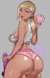 Rule 34 | 1girl, agawa ryou, artificial vagina, artist name, ass, ass focus, blonde hair, blue eyes, breasts, brown scrunchie, commentary, crop top, dark-skinned female, dark skin, dated, dildo, ear piercing, earrings, english commentary, grey shirt, hair ornament, hair scrunchie, huge ass, jewelry, kneeling, large breasts, looking at viewer, looking back, micro shorts, original, piercing, pink shorts, sagging breasts, scrunchie, sex toy, shirt, shorts, sideboob, signature, sleeveless, sleeveless shirt, solo, strap gap, thick lips, thick thighs, thighs, tied shirt