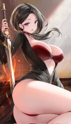 Rule 34 | 1girl, bikini, black hair, black shirt, blue eyes, breasts, choker, cleavage, corrupted file, corrupted twitter file, fire, flaming sword, flaming weapon, floating hair, forehead, hair flaps, hand up, heart, highres, holding, holding sword, holding weapon, large breasts, leaning to the side, lillly, long hair, long sleeves, looking at viewer, low ponytail, magic, navel, open mouth, original, parted hair, partially unbuttoned, red bikini, red choker, shirt, sidelocks, sitting, smile, swimsuit, sword, thighs, weapon