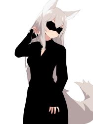 Rule 34 | 1girl, animal ears, black blindfold, black dress, blindfold, blush, cleavage cutout, clothing cutout, covered eyes, cowboy shot, dress, fox ears, fox tail, grey hair, hair between eyes, hand in own hair, hand up, head tilt, highres, long dress, long hair, nezuko, original, parted lips, simple background, sleeves past wrists, smile, solo, standing, tagme, tail, white background, wolf ears, wolf tail