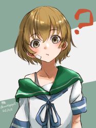 Rule 34 | 1girl, ?, bandaid, bandaid on face, brown eyes, commentary request, dated, green sailor collar, highres, kantai collection, looking at viewer, oboro (kancolle), orange hair, sailor collar, school uniform, serafuku, short hair, shoulder strap, signature, single bare shoulder, solo, umibudou, upper body