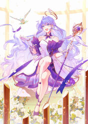 Rule 34 | 1girl, :d, absurdres, bare shoulders, bird, brill p, commentary, detached sleeves, dress, gloves, highres, holding, holding staff, honkai: star rail, honkai (series), long hair, open mouth, purple footwear, purple hair, robin (honkai: star rail), shoes, short sleeves, sitting, smile, solo, staff, strapless, strapless dress, very long hair, white dress, white gloves