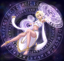Rule 34 | 1girl, anklet, armpits, bare shoulders, barefoot, blonde hair, bracelet, duel monster, green eyes, highres, jewelry, legs, lightlord summoner luminous, lightsworn, lumina lightsworn summoner, magic circle, midriff, navel, outstretched arms, runes, shintani tsushiya, short hair, skirt, solo, yu-gi-oh!, yuu-gi-ou, yu-gi-oh! duel monsters