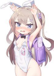 Rule 34 | 1girl, animal ears, armpits, arms up, backpack, bag, bare shoulders, black bow, black bowtie, blue eyes, blush, bow, bowtie, breasts, brown hair, collar, commentary request, cowboy shot, detached collar, fake animal ears, hair bow, hair ornament, hairband, hairclip, highres, kokone (coconeeeco), leotard, open mouth, original, playboy bunny, purple bow, rabbit ears, rabbit pose, randoseru, simple background, small breasts, solo, strapless, strapless leotard, two side up, wavy mouth, white background, white collar, white hairband, white leotard, wing collar