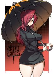 Rule 34 | 1girl, border, breasts, covered erect nipples, cowboy shot, cross, cross necklace, hair over one eye, highres, holding, jewelry, krieg (skullgirls), large breasts, long hair, necklace, orange background, parasoul (skullgirls), red hair, skirt, skullgirls, smile, sweater, turtleneck, turtleneck sweater, umbrella, white border, yellow eyes
