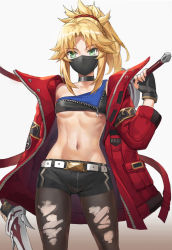 Rule 34 | 1girl, alternate costume, belt, black choker, black gloves, black pantyhose, black shorts, blonde hair, braid, breasts, choker, collarbone, commentary request, dual wielding, fate/apocrypha, fate/grand order, fate (series), fingerless gloves, gloves, green eyes, hair ornament, hair scrunchie, highres, holding, holding sword, holding weapon, jacket, long hair, long sleeves, looking at viewer, mask, mordred (fate), mordred (fate/apocrypha), mouth mask, navel, open clothes, open jacket, pantyhose, ponytail, red jacket, red scrunchie, scrunchie, shirt, short shorts, shorts, single-shoulder shirt, small breasts, solo, sword, tonee, torn clothes, torn pantyhose, underboob, weapon, white belt