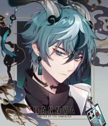 Rule 34 | 1boy, aqua background, aqua eyes, aqua hair, arrow tattoo, bishounen, black footwear, character name, closed mouth, coattails, colored eyelashes, commentary, earrings, english commentary, english text, eyeshadow, fog, gradient background, hen-tie, highres, horns, jacket, jewelry, light smile, looking at viewer, makeup, male focus, multicolored hair, name tag, neck tattoo, open clothes, open jacket, original, red eyeshadow, short hair, solo, star (symbol), streaked hair, tassel, tassel earrings, tattoo, thick eyebrows, turtleneck, upper body, white jacket