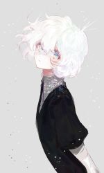 Rule 34 | 1other, androgynous, bad id, bad pixiv id, black shirt, blouse, blue eyes, closed mouth, collared shirt, diamond (houseki no kuni), expressionless, from side, grey background, grey shirt, hair between eyes, highres, houseki no kuni, looking at viewer, lunch (lunchicken), shirt, short hair, short sleeves, simple background, solo, upper body, white hair, white shirt