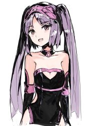 Rule 34 | 1girl, :d, alchemaniac, bare hips, black dress, black sleeves, breasts, brown eyes, choker, cleavage, cleavage cutout, clothing cutout, collar, cosplay, cropped legs, detached sleeves, dress, euryale (fate), fang, fate/apocrypha, fate (series), floating hair, head tilt, heart cutout, long hair, long sleeves, looking at viewer, mask, mask on head, medusa (fate), medusa (rider) (fate), medusa (rider) (fate) (cosplay), medusa (rider) (third ascension) (fate), open mouth, parted bangs, purple hair, red collar, short dress, simple background, sketch, sleeveless, sleeveless dress, small breasts, smile, solo, standing, stheno (fate), striped clothes, striped dress, twintails, very long hair, white background