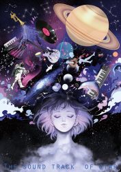 Rule 34 | 1girl, astronaut, blush, closed eyes, closed mouth, disc, dolphin, drum, english text, facing viewer, guitar, instrument, keyboard (instrument), leo (constellation), libra (constellation), original, record, saturn (planet), scorpius (constellation), short hair, sindy, smile, solo, speaker, star (sky), trumpet