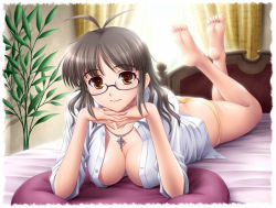 Rule 34 | 00s, 1girl, akizuki ritsuko, amane (funfun), antenna hair, barefoot, bed, black hair, breasts, brown eyes, brown hair, cleavage, cross, feet, funfun, glasses, hair down, idolmaster, idolmaster (classic), idolmaster 1, jewelry, large breasts, lying, necklace, no bra, on stomach, open clothes, open shirt, panties, shirt, sleeves rolled up, smile, soles, solo, underwear, yellow panties