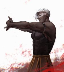 Rule 34 | 1boy, abs, ares, ares (hades), armband, armored skirt, artist name, bara, biceps, black skin, colored skin, hades (series), hades 1, highres, large pectorals, male focus, muscular, muscular male, o3tofu, pectoral cleavage, pectorals, red eyes, smirk, tank top, white hair