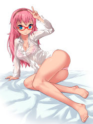 Rule 34 | 1girl, arm support, ass, bare legs, barefoot, bed, bespectacled, blue eyes, bra, breasts, cleavage, feet, female focus, glasses, hairband, highres, imazon, large breasts, leaning, legs, lingerie, long hair, long sleeves, lying, megurine luka, on side, open clothes, open shirt, panties, pink bra, pink hair, pink panties, red-framed eyewear, see-through, shirt, sitting, smile, solo, unbuttoned, underwear, v, vocaloid