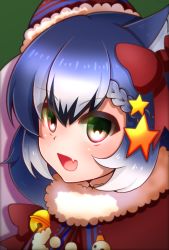 Rule 34 | 1girl, animal costume, animal ear fluff, animal ears, blue hair, cape, christmas, christmas present, dire wolf (kemono friends), extra ears, gift, grey eyes, hair ornament, hat, highres, hikarikmy, kemono friends, kemono friends v project, long hair, looking at viewer, open mouth, ribbon, santa costume, santa hat, simple background, smile, snowman, solo, virtual youtuber, wolf costume, wolf ears, wolf girl